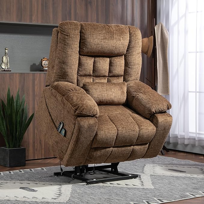 4-Motor Power Lift Chair with Heat & Massage - Power Adjustable Headrest, Backrest, Lumbar & Footrest - 27-inch Wide Seat Lay Flat Recliner, 8-Point Massage (Lumbar Heating)