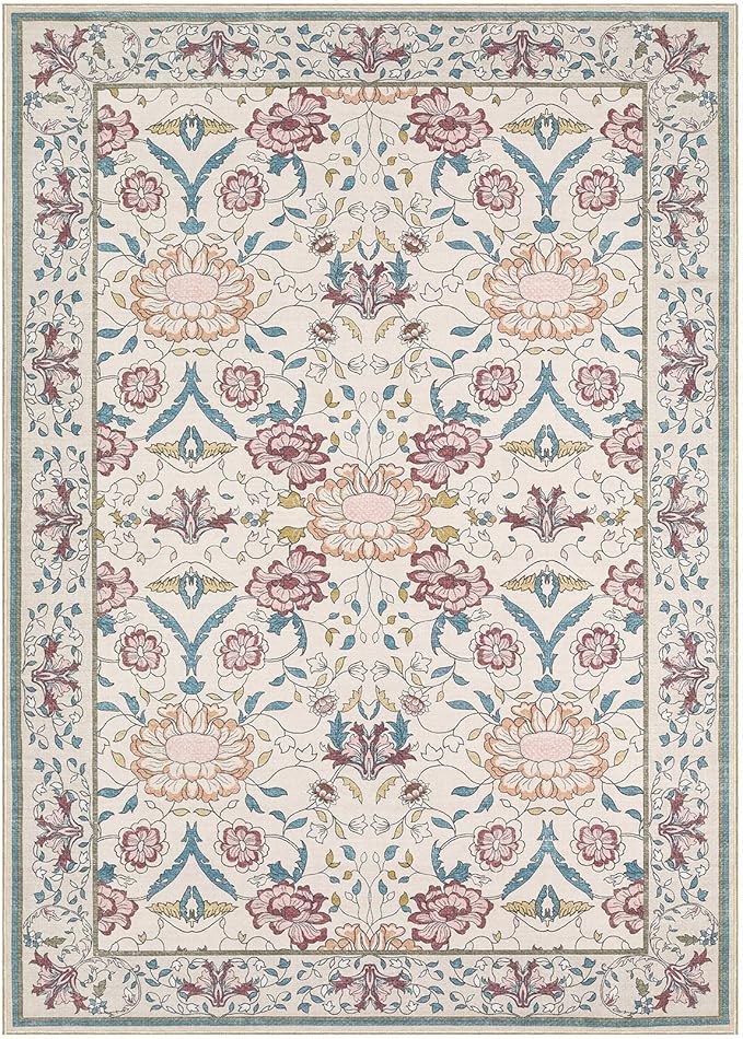 Nursery Rug 10x14 for Kids & Girls - Washable Vintage Large Floral Area Rugs - Ultra Thin Stain Resistant Non Slip Carpets for Kids Playroom, Living Room, Bedroom, Dining Room, Office - Floral Multi