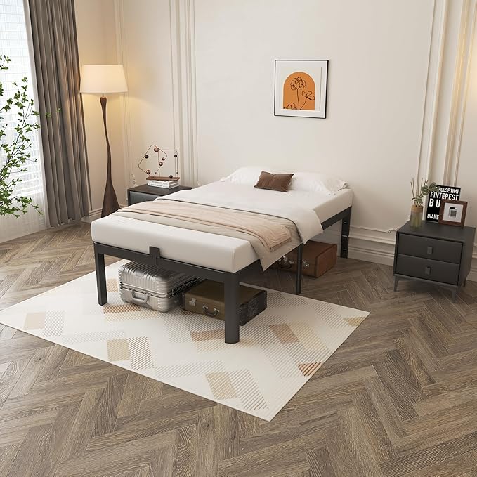 16 Inch Twin Bed Frames, Black Twin Metal Bed Frame with Anti-Slip Baffles, No Box Spring Needed, Heavy Duty Steel Platform Supprt, Rounded Corner Design, Storage Space, Noiseless