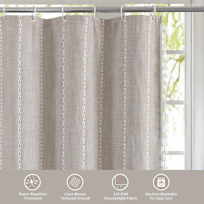 MitoVilla Boho Long Shower Curtain 72 x 78, Farmhouse 78 inch Long Polyester Linen Fabric Shower Curtains with Tassel for Chic Cottagecore French Rustic Bathroom Decor, Tan Brown
