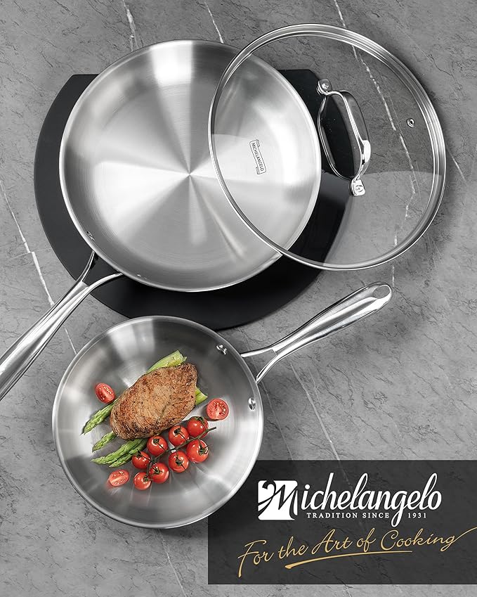 MICHELANGELO Stainless Steel Frying Pan Set with Lid, 8" 10" Cooking Pan set with Triply Base, Stainless Steel Skillet with Ergonomic Handle, Induction Compatible