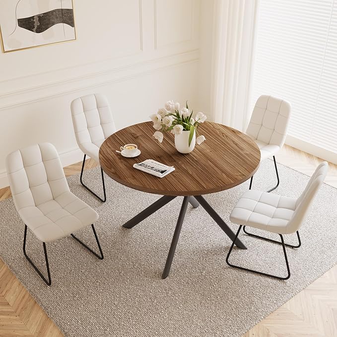 45.3 Inch Round Dining Table Set for 4, Mid Century Modern Small Coffee Set for Dining Room Kitchen Apartment (Light Walnut + 4 U-Shaped White Chairs)