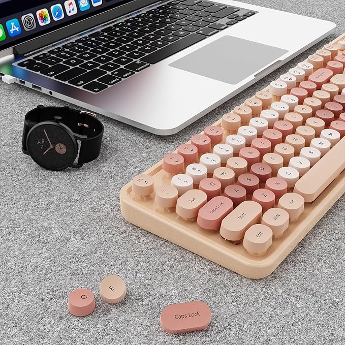 Wireless Keyboard and Mouse Combo, Ergonomic Full Size Typewriter Retro Round Keycaps Keyboard, Compatible with Windows, PC, Perfer for Home and Office Keyboards (Chocolate Color)