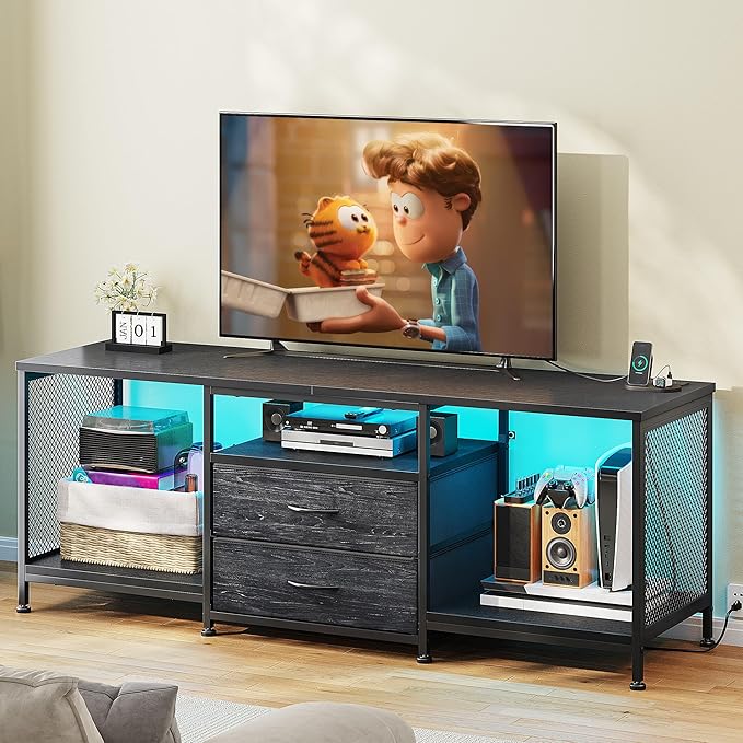 55" W TV Stand for Bedroom with LED Lights & Power Outlets Dresser TV Stand with 2 Drawers for 65" TV with Open Storage Shelves