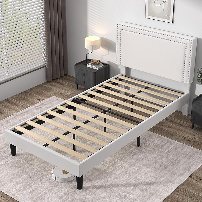 VECELO Twin Size Bed Frame Velvet Upholstered Platform with Headboard, Modern Mattress Foundation, Wood Slat Support, No Box Spring Needed, Noise-Free, Easy Assembly
