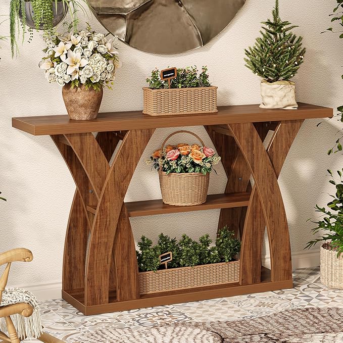 Console Tables, 55-Inches Walnut Console Table with Storage 3-Tier Farmhouse Narrow Entryway Table for Living Room, Hallway, Foyer(Brown)