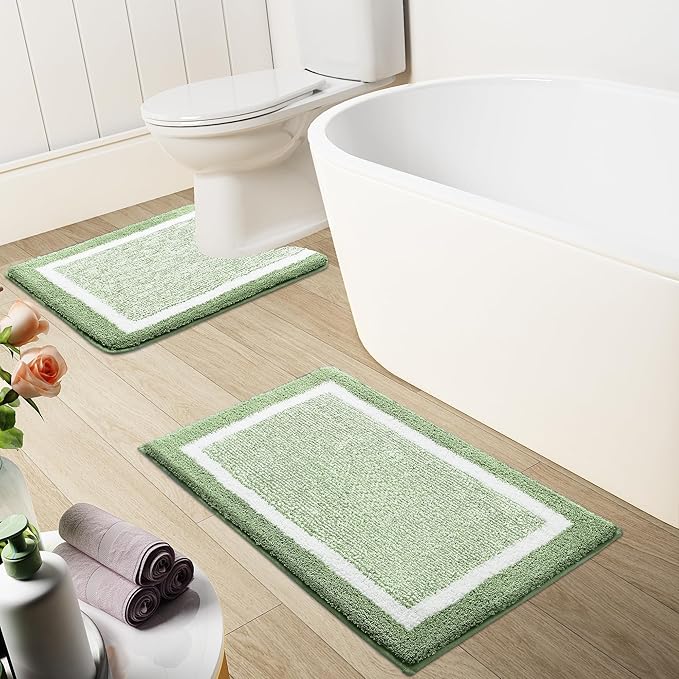 OLANLY Toilet Rugs U-Shaped 24x20, Extra Soft and Absorbent Microfiber Bathroom Rugs, Non-Slip, Machine Wash Dry, Plush Shaggy Contour Bath Mats for Toilet Base (Sage Green and White)