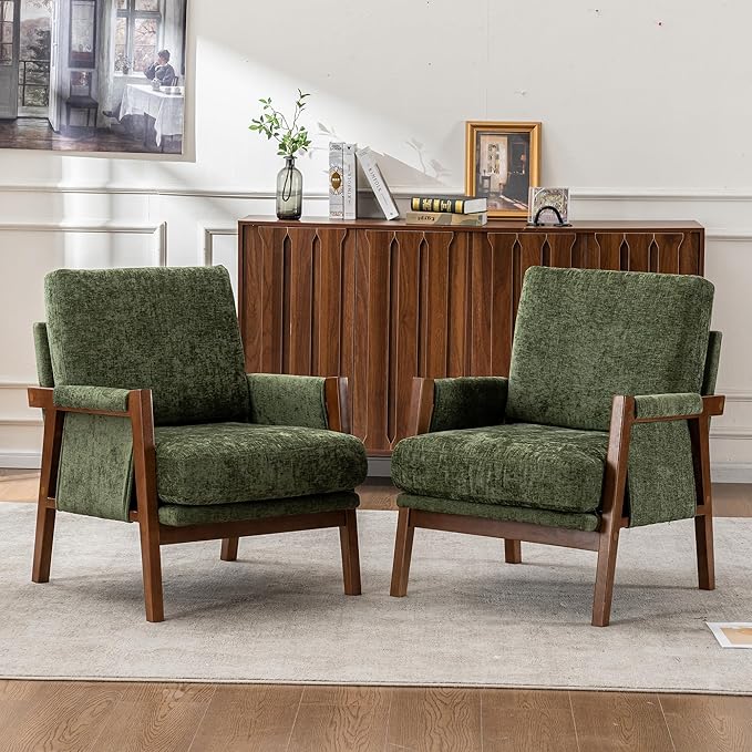 Mid Century Modern Accent Chair with Wood Frame, Upholstered Living Room Chairs with Wide Armrest, Chenille Fabric Comfy Arm Chair for Bedroom, Reading Room, Balcony (1, Green)