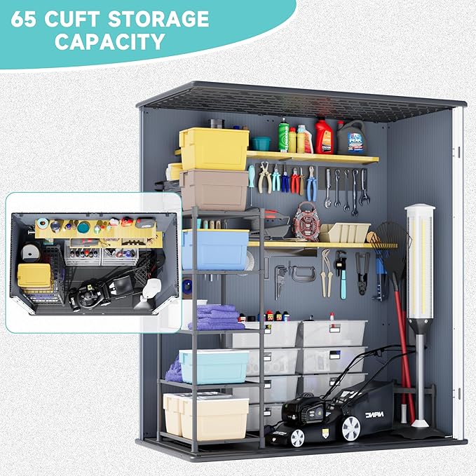 Greesum 5×3FT Plastic Outdoor Storage Shed with Floor, Resin Storaged Sheds with Lockable Door, Window & Vent, All-Weather Tool Sheds for Garden, Backyard, Patio, Dark Gray (4.7×2.5FT)