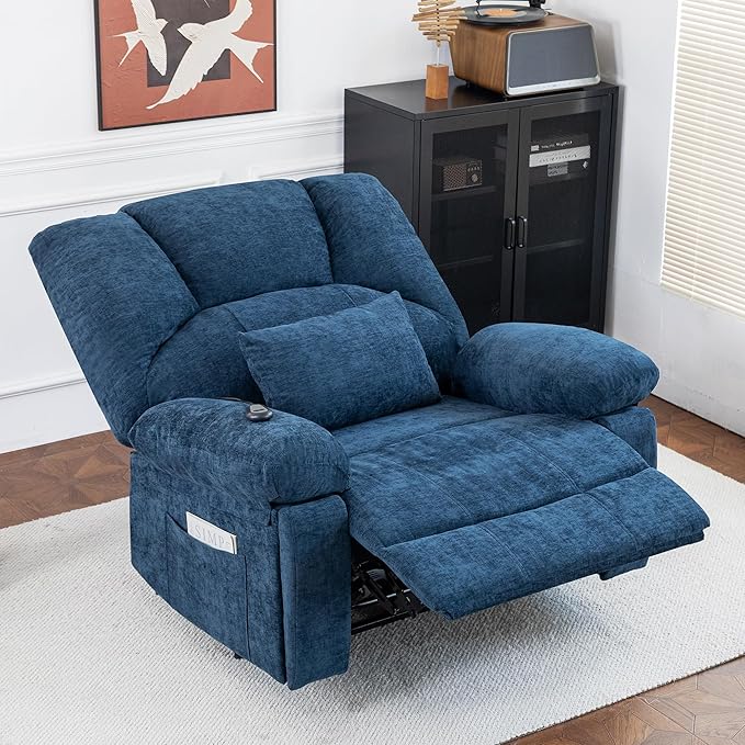 Oversized Power Recliner Chair 350lb with Hidable Cup Holders, Extra Wide Large Big Electric Recliner Chair with Lumbar Support Pillow Nursery Chair Living Room (Power, BLUE-6001)