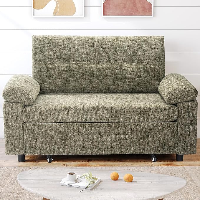 Vipbear 3-in-1 Convertible Sofa Bed, Pull Out Sleeper Sofa with USB Charging Station & Adjustable Backrest, Loveseat with Side Pocket for Living Room, Apartment, Tool-Free Assembly, Chenile Light Grey