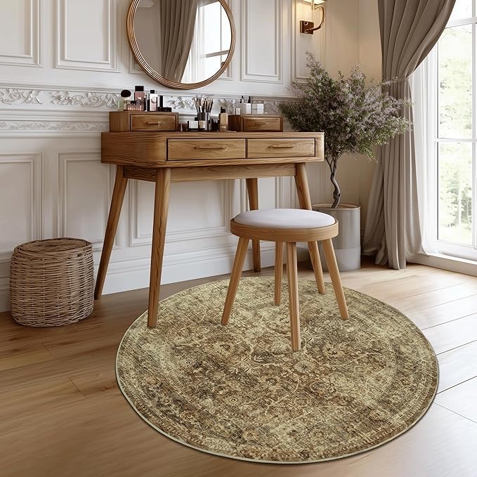 FMFUNCTEX 3ft Round Washable Area Rug Brown Vintage Neutral Distressed Small Non Slip Carpet for Living Room Bedroom Soft Low Pile Indoor Mat Retro Floral Throw Rug for Entryway Bathroom Bedside