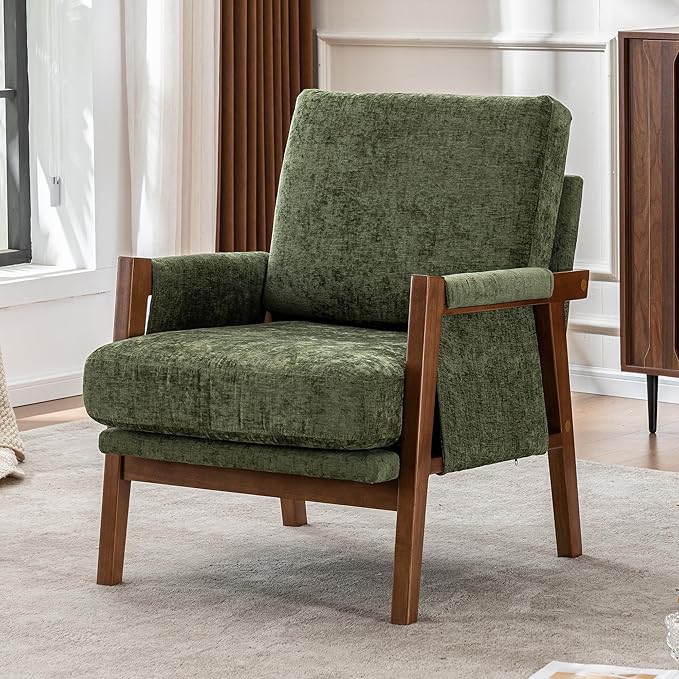 Mid Century Modern Accent Chair with Wood Frame, Upholstered Living Room Chairs with Wide Armrest, Chenille Fabric Comfy Arm Chair for Bedroom, Reading Room, Balcony (2, Green)