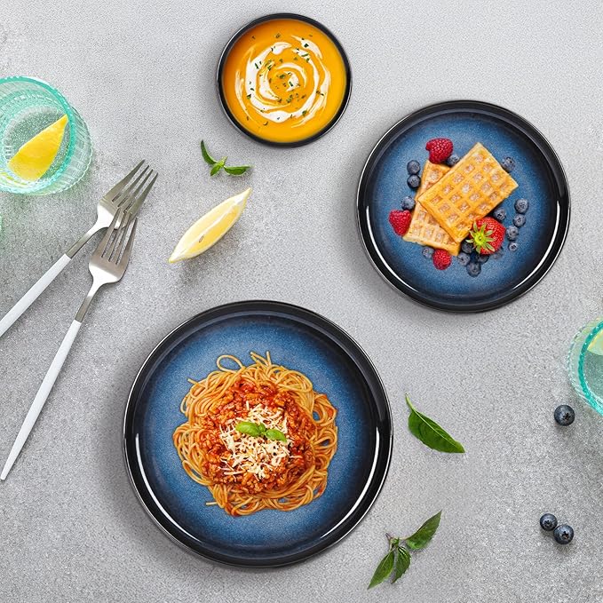 Romswi Dinnerware Set for 4, 16Pcs Stoneware Plates and Bowls Sets with Mugs, Chip & Scratch Resistant Dish Set, Handmade Reactive Glaze, Oven,Microwave and Dishwasher Safe, Dreamy Moonlight-Blue