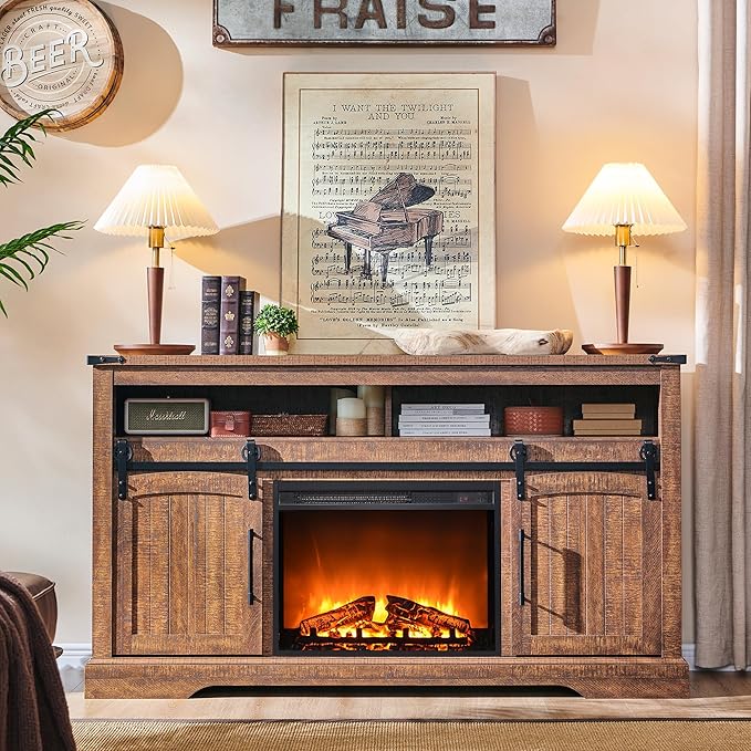 OKD Farmhouse Fireplace TV Stand for 70 Inch TV, 33" Tall Highboy Entertainment Center with 23" Electric Fireplace, Rustic Media Console w/Sliding Arched Door for Living Room,Reclaimed Barnwood