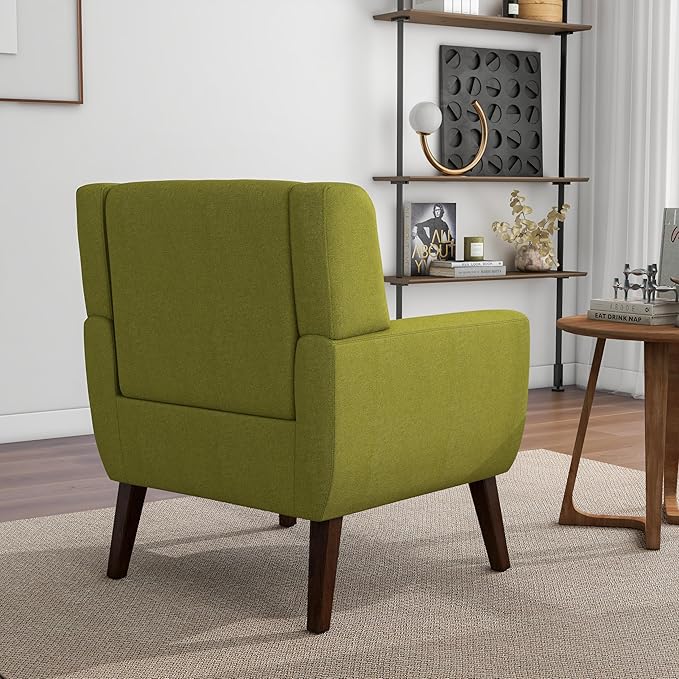 Accent Chair, Mid-Century Modern Fabric Chairs with Arms for Living Room, Comfy Upholstered Club Single Sofa Armchair for Bedroom Waiting Room with Solid Wood Frame (Fabric Green, Set of 1)