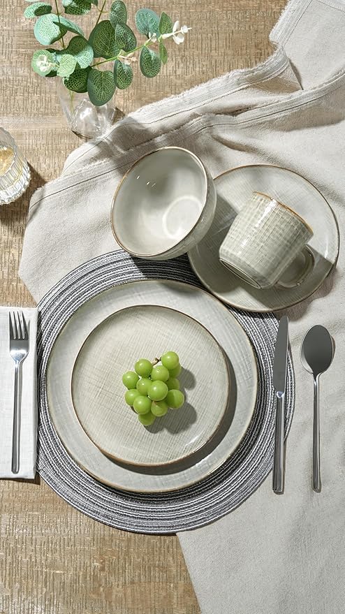 Famiware Moonlight Plates and Bowls Sets, 18 Pieces Stoneware Dinnerware Sets with Linen Finish, Handmade Dishware set for 6, Microwave and Dishwasher Safe, Scratch Resistant Tableware, Summer Sand