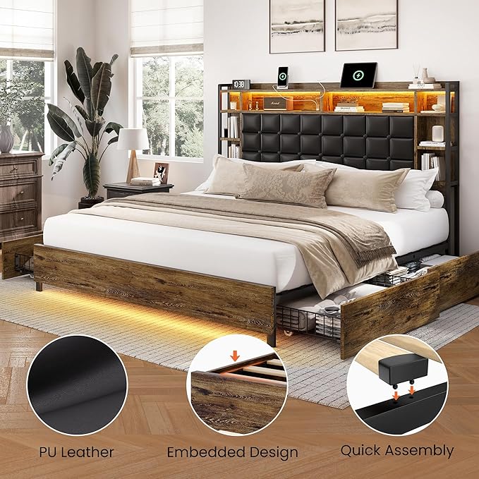 King Size Bed Frame with Charging Station and LED Lights Wooden Platform Bed Frame with 4 Storage Drawers and Bookcase Headboard, Faux Leather Upholstered, No Box Spring Needed, Brown
