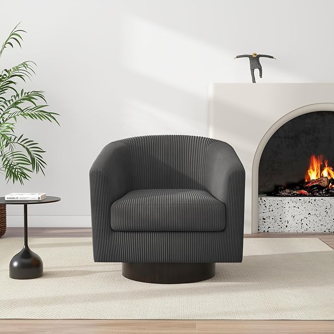 Swivel Barrel Accent Chair, Modern Round Corduroy Fabric Arm Chair for Living Room, Bedroom, Comfy Club Reading Chairs for Adults (Corduroy Grey, Set of 4)