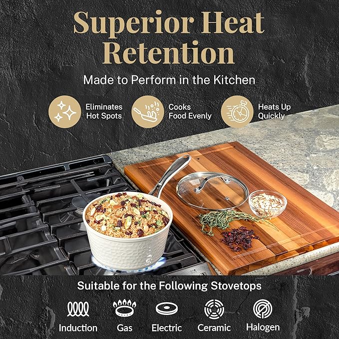 Gotham Steel Hammered 15Pcs Ceramic Cookware Set Nonstick, Induction Pots and Pans Set Non Stick with Bakeware Set & Steamer for Cooking, Non Toxic PFOA PFOS Free, Oven & Dishwasher Safe, Cream White