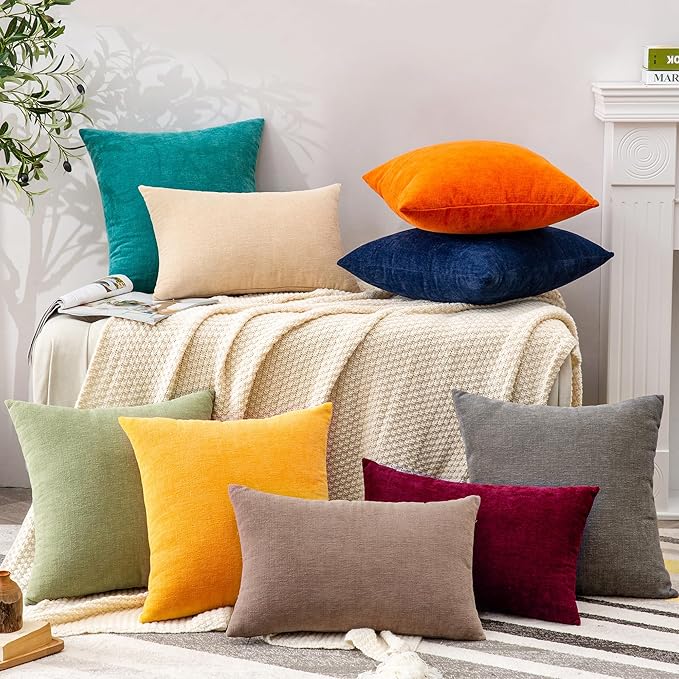 GAWAMAY Decorative Chenille Throw Pillow Covers 24x24 Inch Pack of 2, Soft Square Couch Pillow Cover for Sofa Cushion Living Room Bedroom Pillowcases Taupe Grey 60x60cm (ONLY Covers)