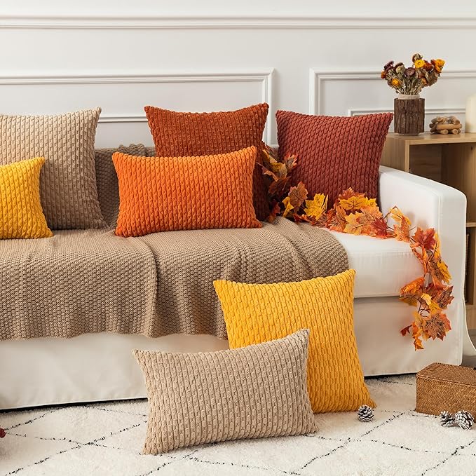 Kevin Textile 2 Packs Tan Decorative Throw Pillow Covers 20x20 Inch for Living Room Couch Bed Sofa Soft Striped Corduroy Square Cushion Case 50x50 cm Rustic Farmhouse Boho Home Decor