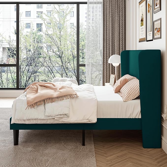 SHA CERLIN Queen Size Velvet Bed Frame with Vertical Channel Tufted Wingback Headboard, Upholstered Platform Bed with Wood Slats, No Box Spring Needed, Easy Assembly, Teal