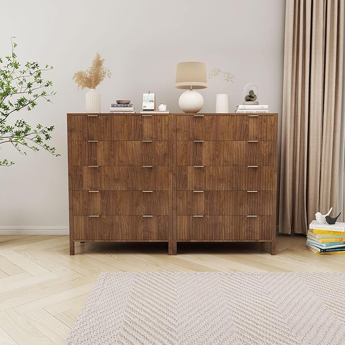 Fluted 5 Drawer Tall Dresser for Bedroom, Mid Century Modern Nightstand with Drawers, Tall Bedside Table for Closet Cloth, Living Room End Table with Storage for Dorm -Walnut