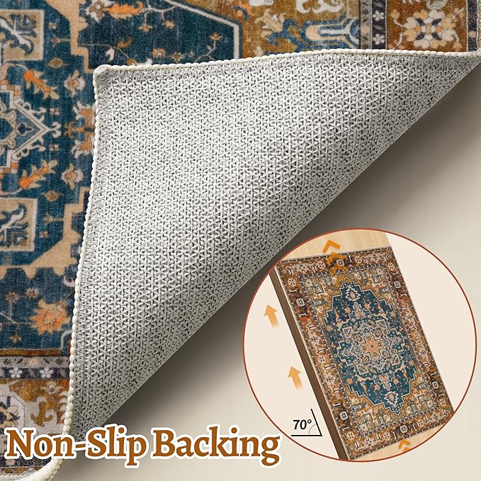 Tangsoo 4x6 Washable Rug Vintage Non Slip Indoor, Distressed Carpet for Living Room, Dining Room, Soft Low Pile Rugs Foldable Floor for Bedroom Dorm Bedside Bathroom Indigo Ochre