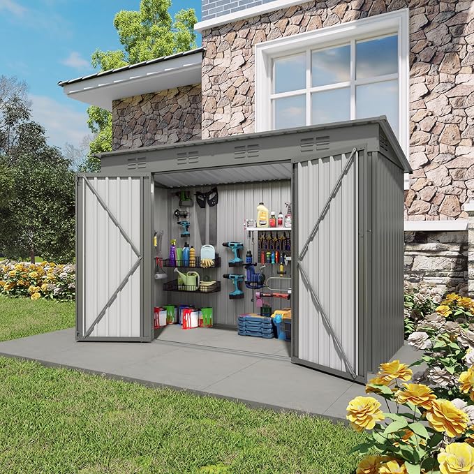 4x9 ft Lean to Shed, Outdoor Storage Shed with Lockable Double Door and Window, Metal Storage Sheds with Sloping Roof and 6 Vents, Outside Garden Tool Sheds for Backyard, Patio (Grey)