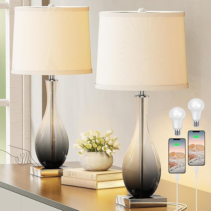 Table Lamps Set of 2 with Touch Control, 3-Way Dimmable Modern Glass table lamp for Living Room with USB C and A Charging Ports, 27" Bedside Desk Lamps for Nightstand Decorations(LED Bulbs Included)