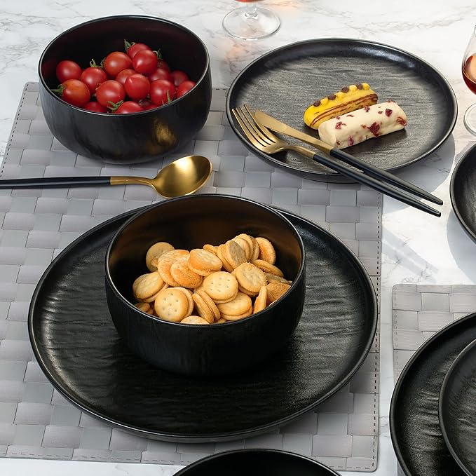 “Ari" 12-piece Stoneware Dinnerware Set with Protective Glaze Finish, Service for 4, Matt Black