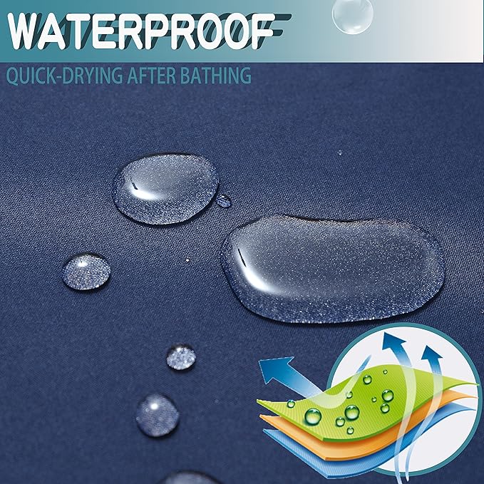 Conbo Mio No Hook Shower Curtain with Snap in Liner Set, Hotel Luxury Dark Blue Fabric Shower Curtains for Bathroom with See Through Top Window, Washable, Waterproof 71W x 74H