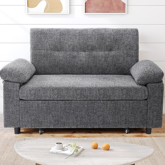 Vipbear 3-in-1 Chenile Convertible Sofa Bed, Pull Out Sleeper Sofa with USB Charging Station/Reclining Backrest/Side Pocket, Loveseat for Living Room, Apartment, Tool-Free Assembly, Dark Grey