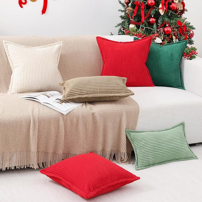 Mecatny Corduroy Throw Pillow Covers 20x20 Set of 2, Neutral Decorative Soft Boho Couch Pillow Covers with Broadside for Sofa Living Room, Red