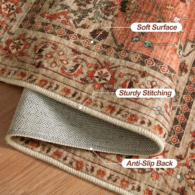 Boho Small Area Rug, 2x3 Washable Rug for Entryway, Vintage Throw Rug Oriental Non Slip Indoor Front Door, Distressed Terracotta Door Mat Carpet, Soft Low Pile Rugs for Entrance Kitchen Bedroom