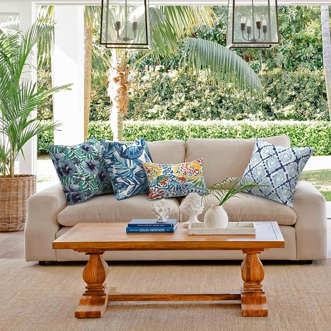 Outdoor Throw Pillows with Inners, All Weather Patio Pillows Set of 2, Square Pillows Decorative for Home Garden Furniture, 20x20 Inch, Blue Salmone Tropical