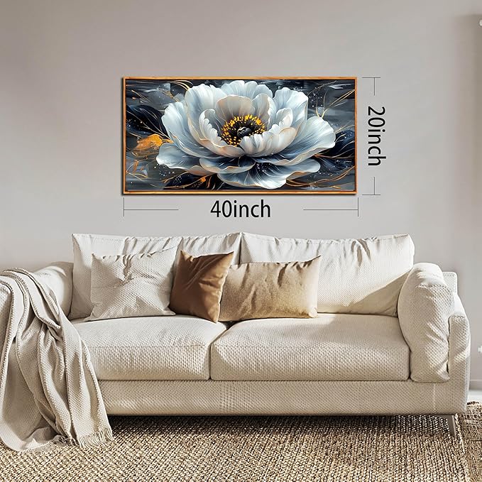 White Flower Pictures for Living Room Wall Decor - Modern Prints Wall Art for Bedroom - Wooden Framed Wall Art for Office Size 20" x 40"