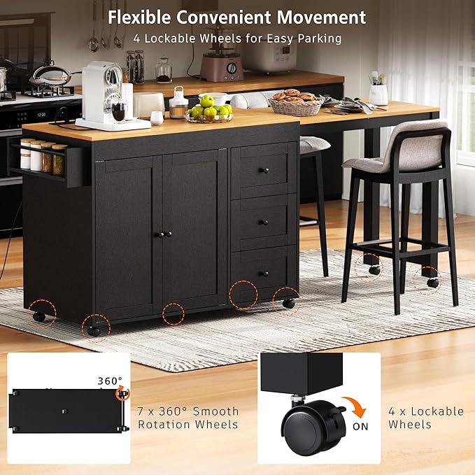 Rolling Kitchen Island on Wheels with Extendable Dining Table, Kitchen Storage Cart with 3 Drawers and Spice Rack, Black