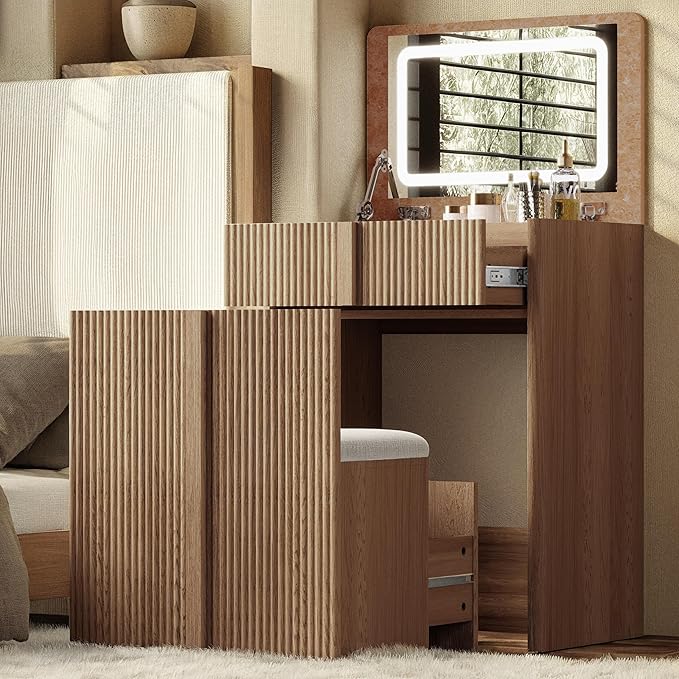 24" Vanity with Chair, Makeup Vanity Desk with Lights and Flip Top Mirror, Natural Oak