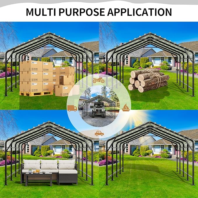 JY QAQA 12 x 20 ft Metal Carport, Heavy Duty Carport Canopy with Galvanized Steel Roof, Outdoor Car Tent Metal Garage Shelter for Car, SUV, Trucks and Boats