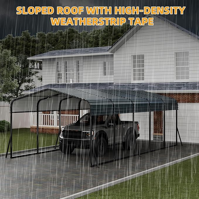12x24FT Metal Carport Kits with Galvanized Steel Roof, Heavy Duty Metal Roof Carport with Enhanced Base, Tall MetalCarport Kits Garage for Tractors, Pickup, Boat, Car