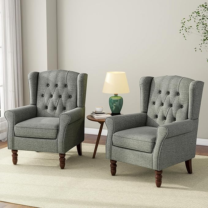 Accent Chair, Upholstered Armchair with Button Tufted High Back & Solid Wood Legs, Comfy Wingback Reading Single Sofa Chair for Small Spaces, Living Room, Bedroom (Grey, Set of 1)