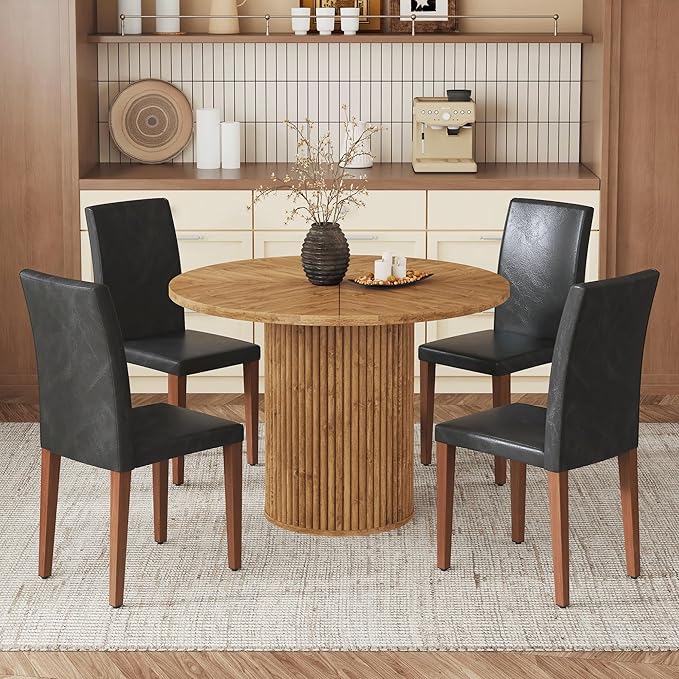 AZmac Round Dining Table Set for 4, Wooden Round Table 5-Piece with Modern Farmhouse Dining Table and 4 PU Leather Chairs for Kitchen Dining Room, Wooden Table + 4 Black High Back Chairs