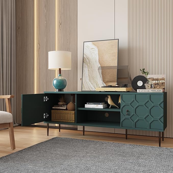 Modern TV Stand for 65/70inch TV, Entertainment Center with Storage Cabinet and Open Shelves, Embossed Pattern TV Stand, TV and Media Console for Living Room, Bedroom, Green