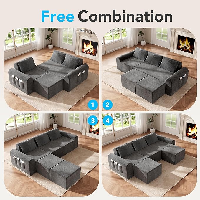 Cloud Sectional Couch with 2 Ottomans & 3 Pillows, Boneless Couches for Living Room, U Shaped Sectional Sofa Deep Seat Comfy Couch for Small Spaces, No Assembly Required, 72h to Restore