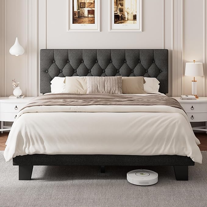 Queen Upholstered Bed Frame with Headboard, Button Tufted Linen Bed Base, Platform Bed with Wood Slat, Heavy Duty, Easy Assembly, No Box Spring Needed, Dark Gray