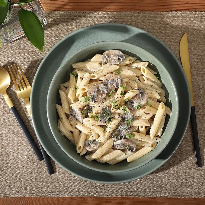 Gibson Elite Pasco 16 Piece (Service for 4) Plates and Bowls Double Bowl Reactive Glaze Dishes Stoneware Ceramic Dinnerware Set - Green