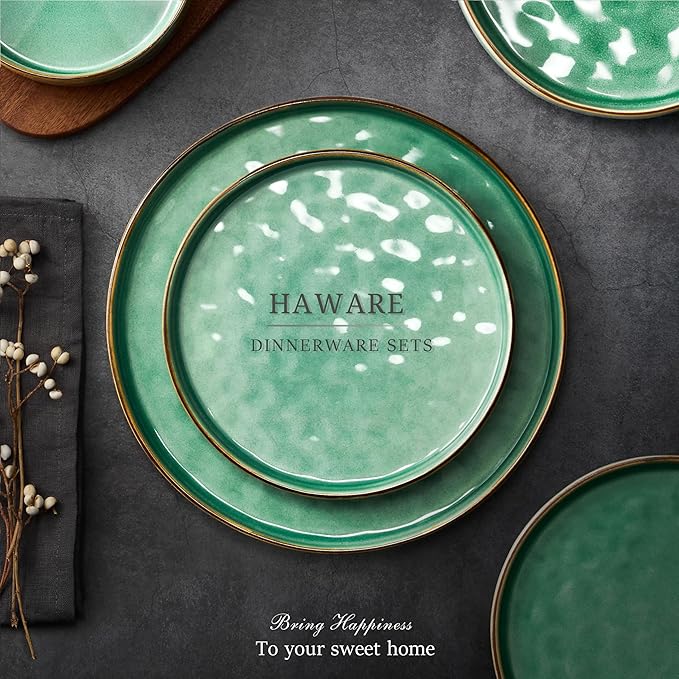 HaWare Dinnerware Sets, 12-Piece Plates and Bowls Set, Stoneware Dish Set for 4, Ceramic Dinnerware for Home Restaurant, Chip and Scratch Resistant, Microwave and Dishwasher Safe, Reactive Green