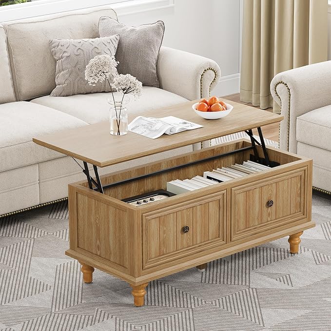 39" Lift Top Coffee Table for Hidden Compartment, Wood Coffee Tables with Shelf, Farmhouse Rectangular Center Table Dining Table for Living Room Home Office Small Space (Natural)